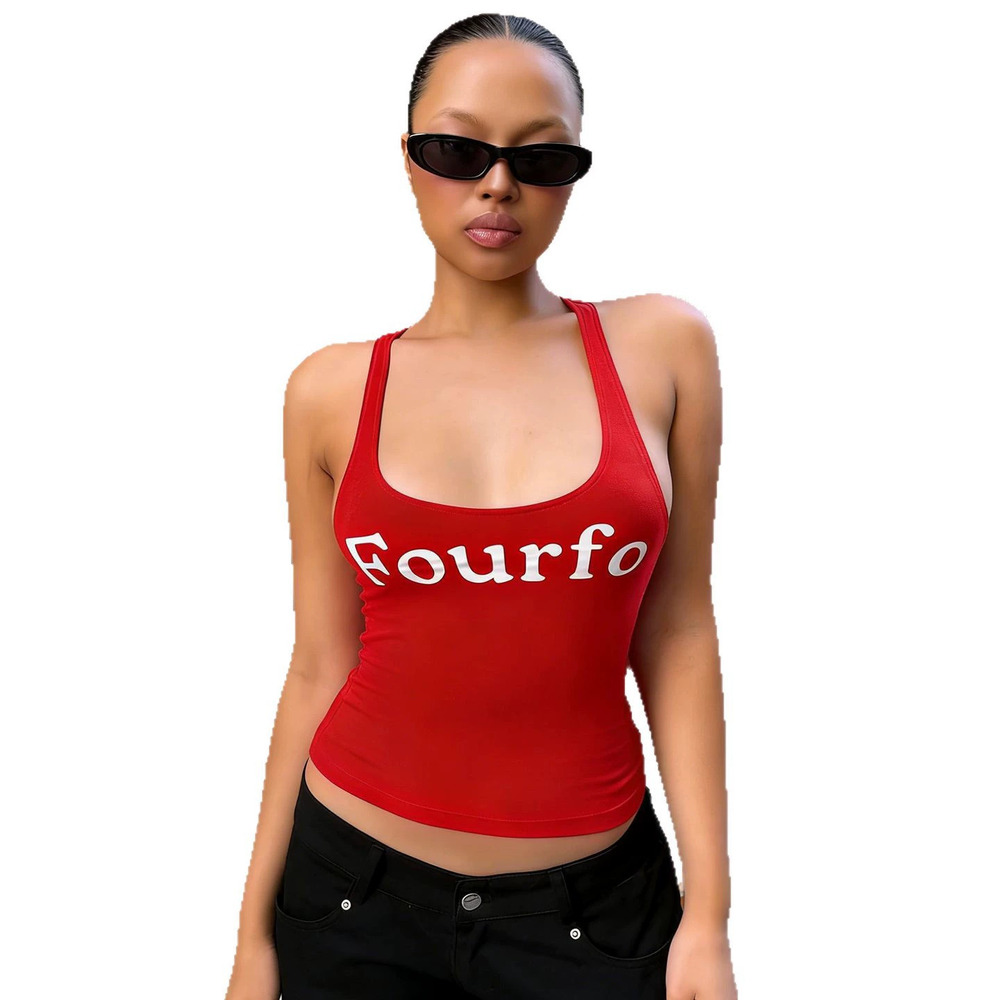 Zara Retro Letter Print Sporty Low Cut Contrast Racerback Tank Top - Picture 5 of 7